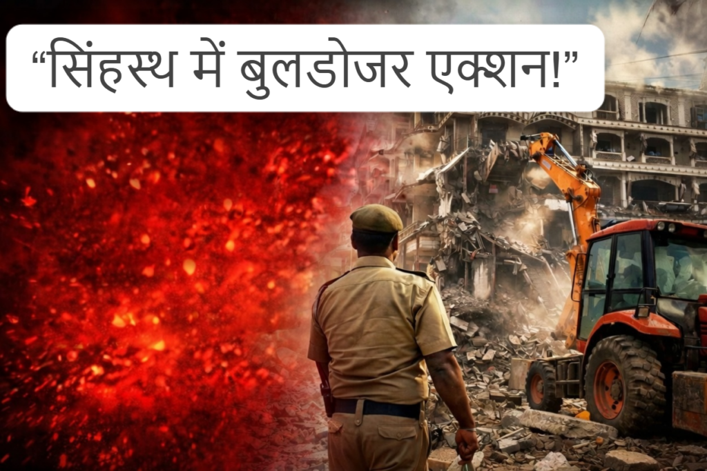 #MP FIRST | उज्जैन: सिंहस्थ क्षेत्र में ‘आश्रम’ की आड़ में लग्जरी निर्माण पर चला नगर निगम का बुलडोजर |