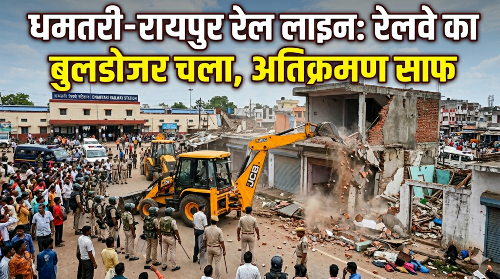 #CG FIRST| धमतरी में रेलवे की बड़ी कार्रवाई: अतिक्रमण हटाने बुलडोजर चला, 70 से ज्यादा कब्जाधारियों पर एक्शन|
